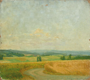 Sommerlandschaft mit hohem Himmel, 1945, Malerei, 45,5 x 51 cm, Öl, Pappe