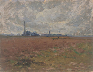 Industriewerk in Landschaft, 1946, Malerei, 40 x 51,5 cm, Öl, Pappe