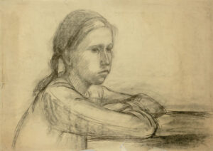 Mädchen am Schultisch, 1949, Zeichnung, 43 x 61 cm, Kohle, Papier